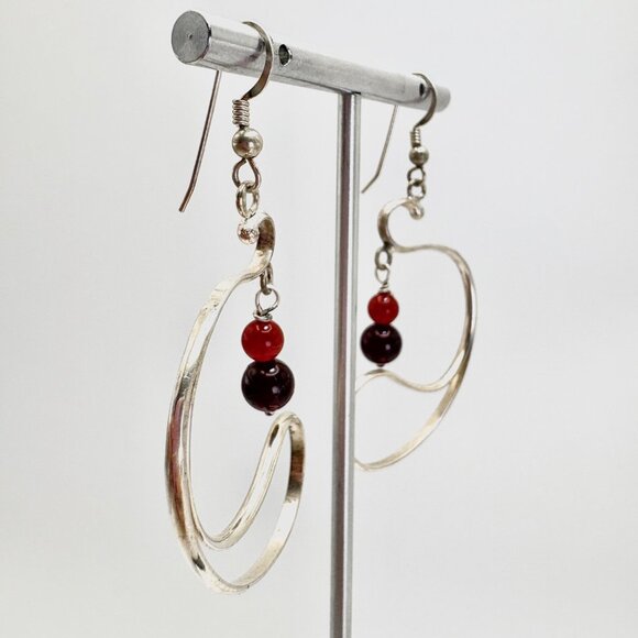 Sterling Silver 925 Red & Black Crystal Freeform Dangle Earrings 2.5" Length - Picture 2 of 9